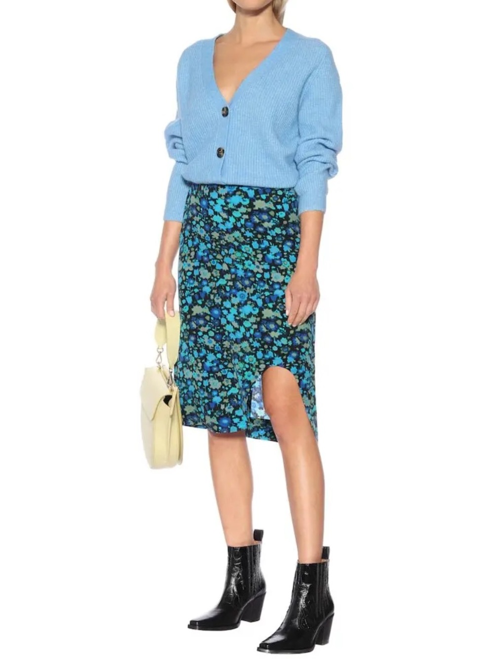 GANNI Azure Blue Floral Print Silk Blend Knee Length Skirt NWT Size 34 EU S US